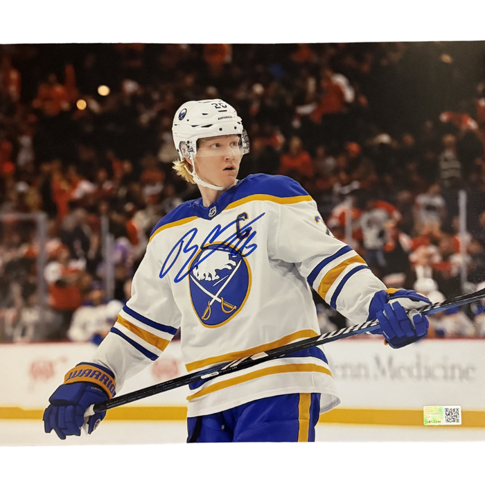 Rasmus Dahlin Signed Close-up Holding Stick in Away Uniform Photo