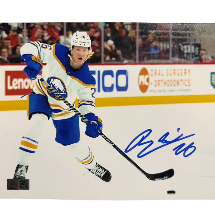 Rasmus Dahlin Signed Shooting Puck in Away Uniform Photo