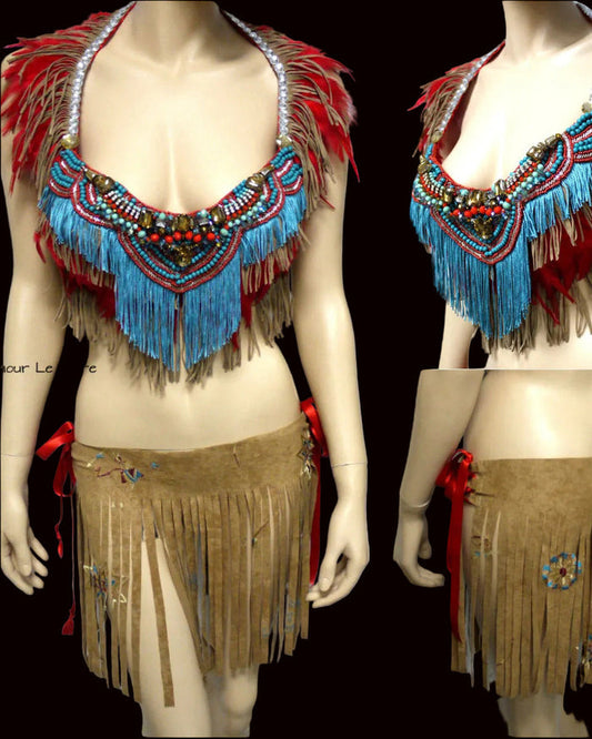 Red Turquoise Tribal Suede Fringe Bra and Skirt Halloween Costume