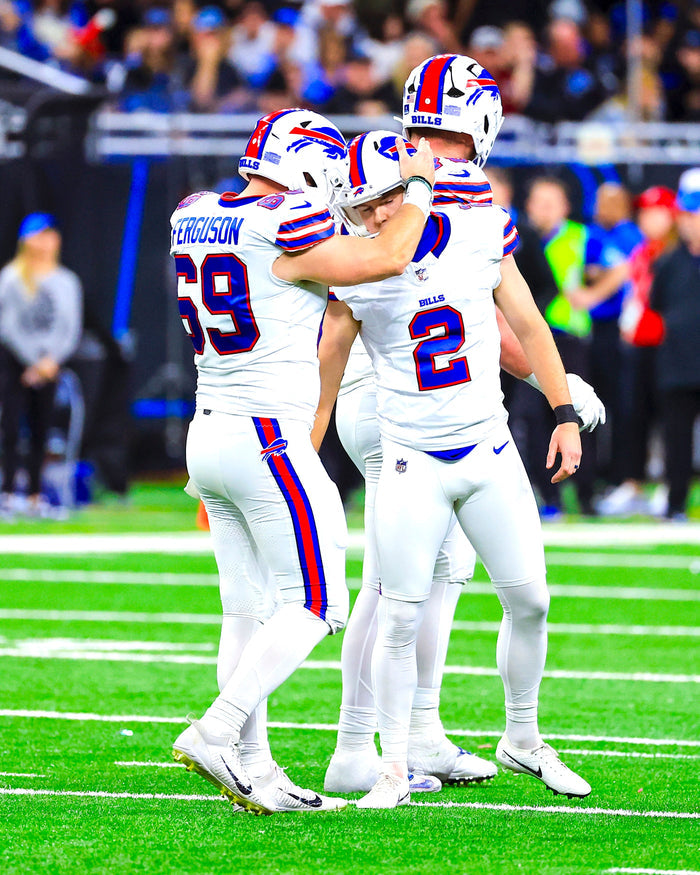 Reid Ferguson Unsigned Tapping Helmets Field Goal Celebration with Tyler Bass Photo