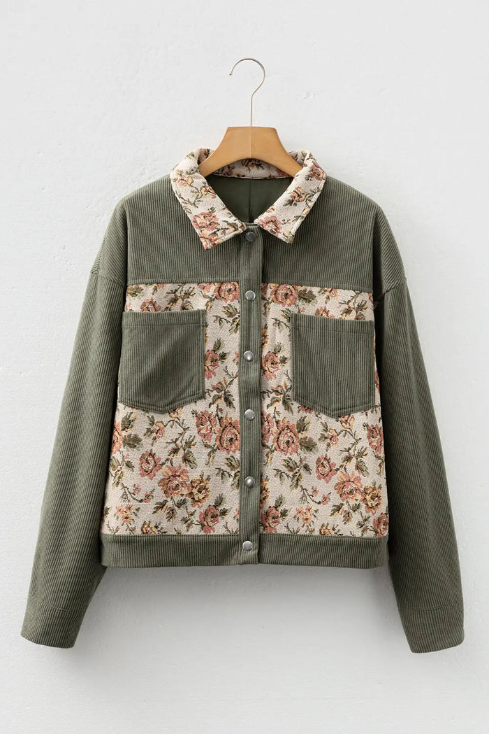 Ribbed Retro Floral Patchwork Shirt Style Jacket - Outerwear/Jackets