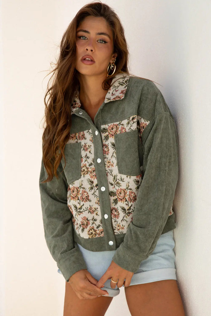 Ribbed Retro Floral Patchwork Shirt Style Jacket - Sage Green / S - Outerwear/Jackets
