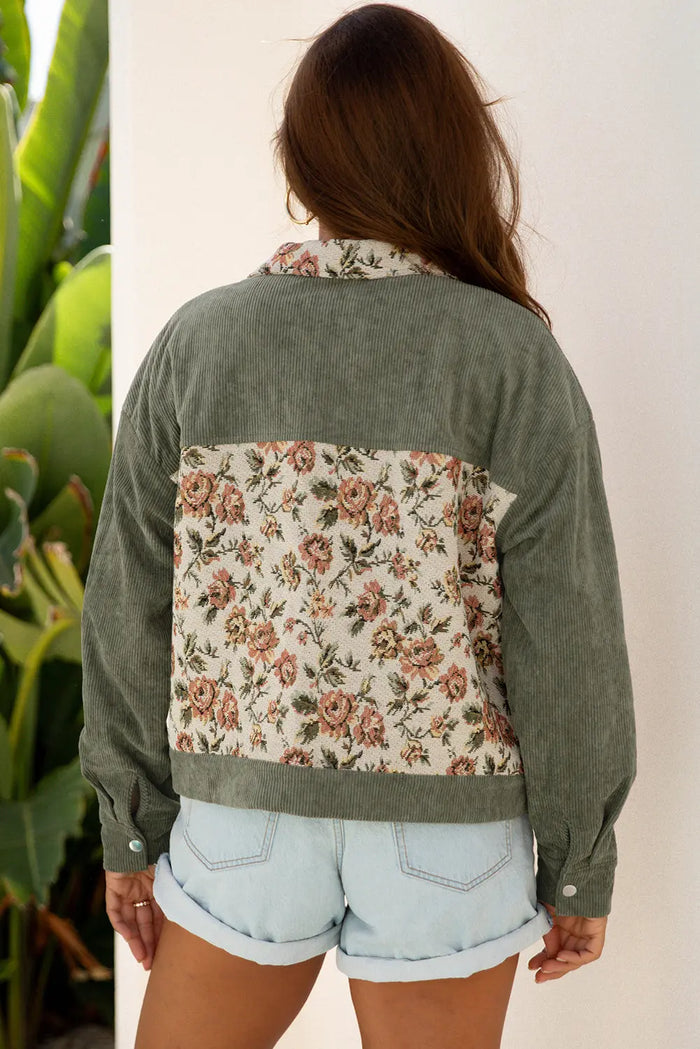 Ribbed Retro Floral Patchwork Shirt Style Jacket - Outerwear/Jackets