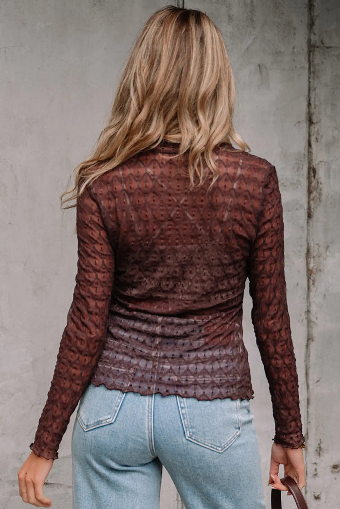 Sheer Mesh Patterned Long Sleeve Top - Tops/Long Tops