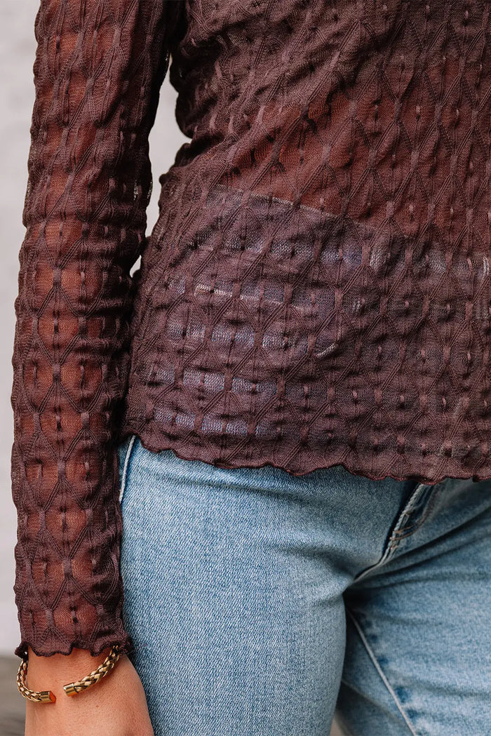 Sheer Mesh Patterned Long Sleeve Top - Tops/Long Tops