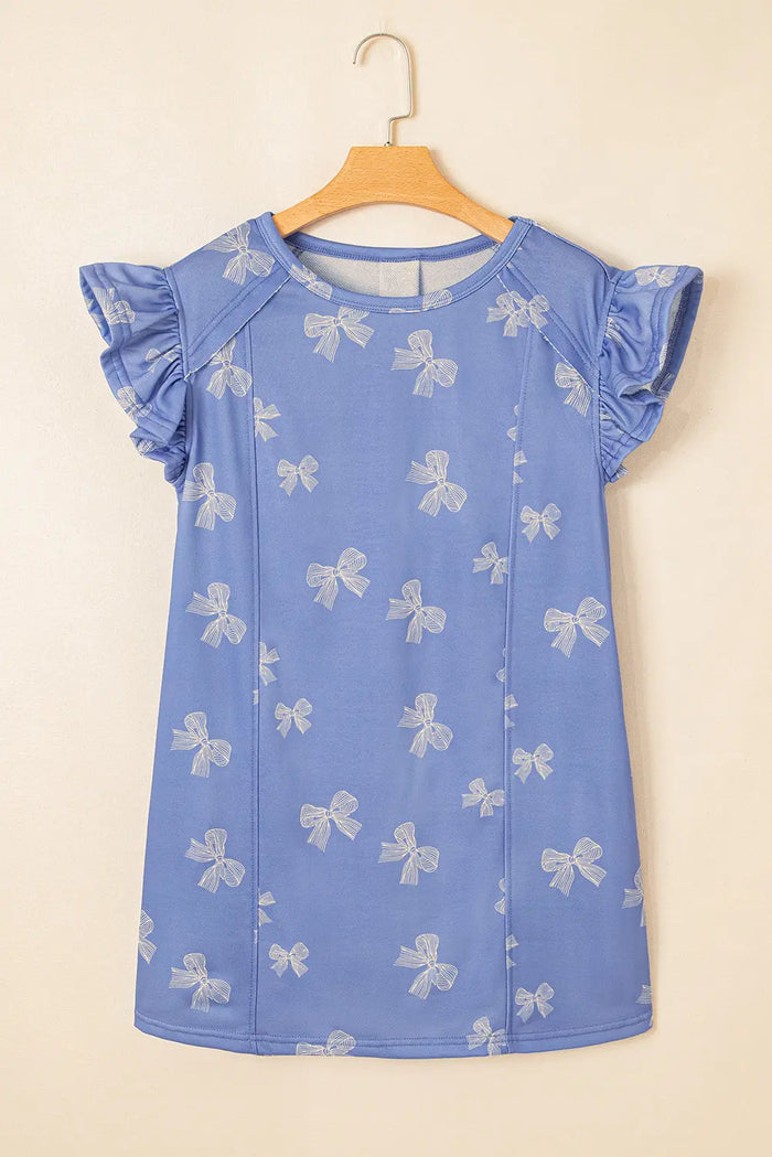 Sky Blue Bow Knot Print Crewneck Ruffled Sleeve Shift Mini Dress - Dresses/T Shirt Dresses