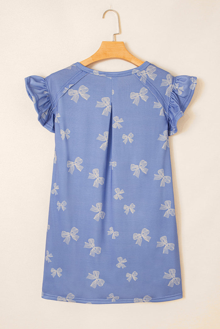 Sky Blue Bow Knot Print Crewneck Ruffled Sleeve Shift Mini Dress - Dresses/T Shirt Dresses