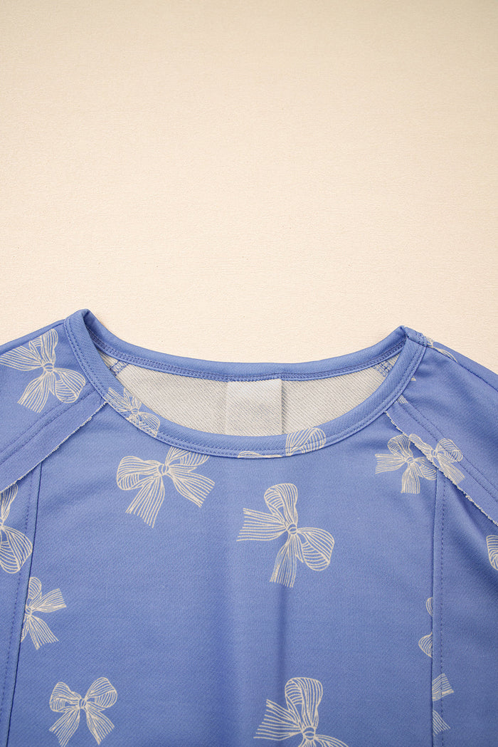 Sky Blue Bow Knot Print Crewneck Ruffled Sleeve Shift Mini Dress - Dresses/T Shirt Dresses