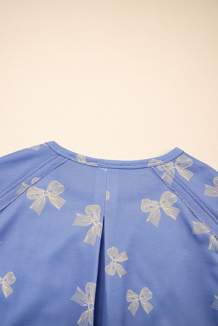 Sky Blue Bow Knot Print Crewneck Ruffled Sleeve Shift Mini Dress - Dresses/T Shirt Dresses