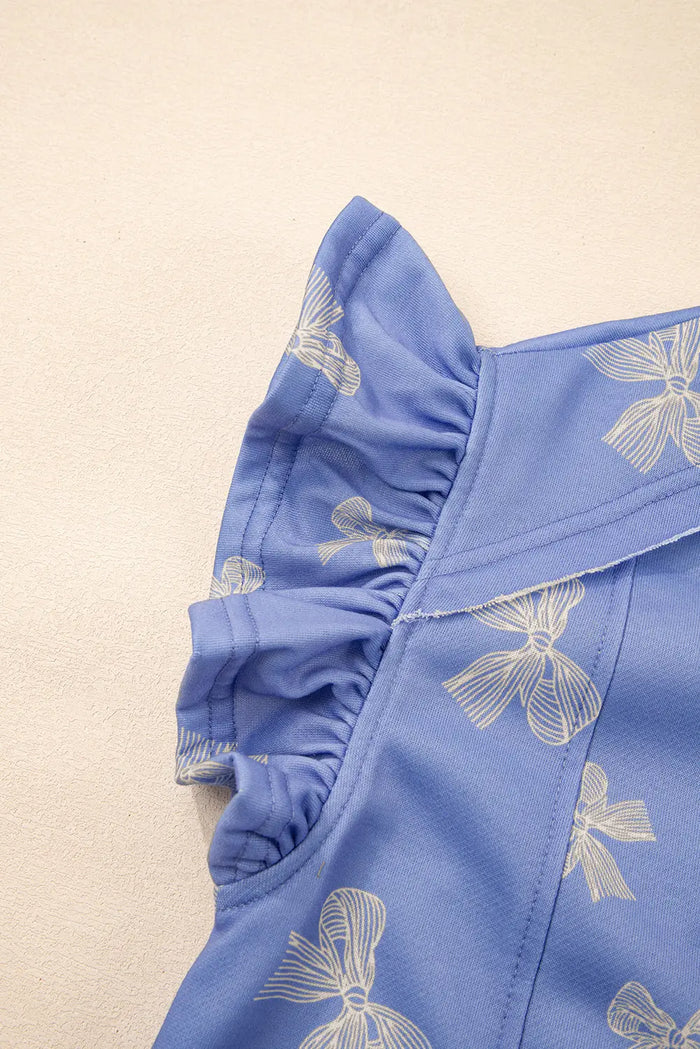 Sky Blue Bow Knot Print Crewneck Ruffled Sleeve Shift Mini Dress - Dresses/T Shirt Dresses