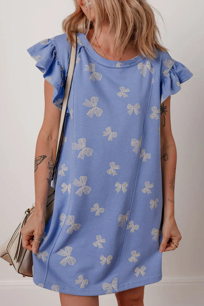Sky Blue Bow Knot Print Crewneck Ruffled Sleeve Shift Mini Dress - S - Dresses/T Shirt Dresses