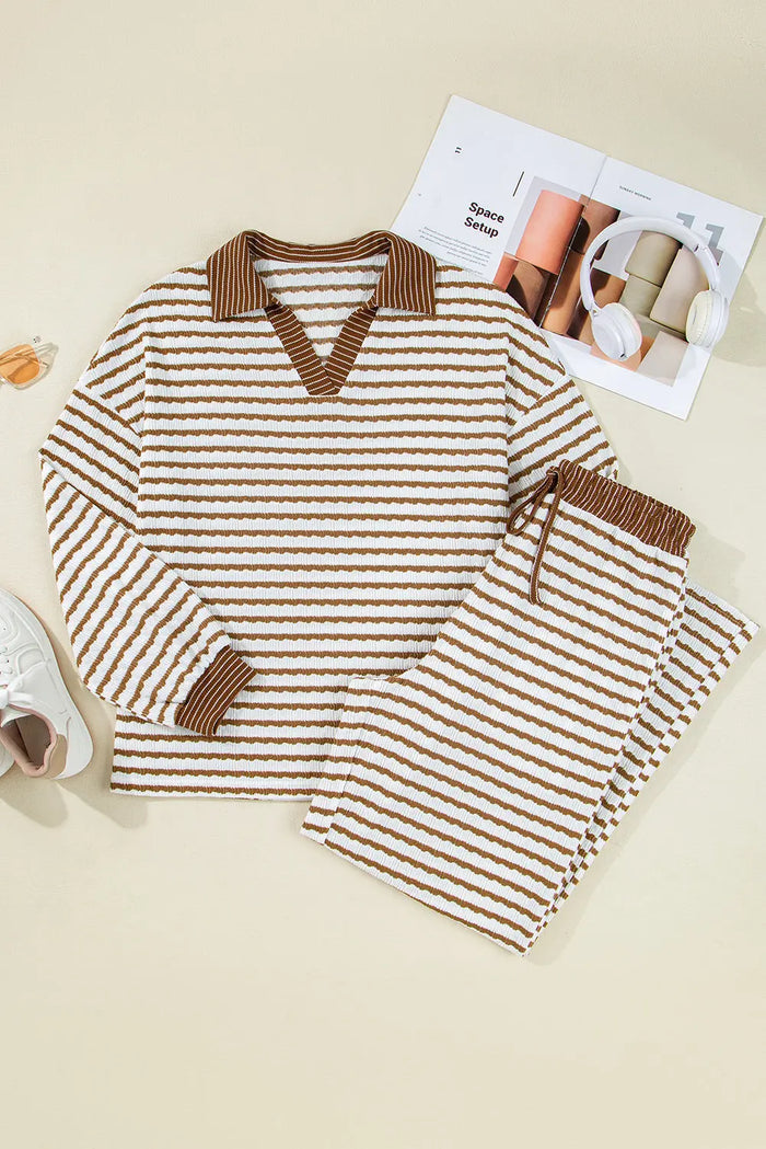 Striped Collared Pullover Top and Drawstring Trousers Co-ord Set - Khaki Stripe / S - Two Piece Sets/Pant Sets