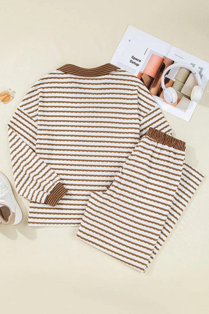 Striped Collared Pullover Top and Drawstring Trousers Co-ord Set - Two Piece Sets/Pant Sets