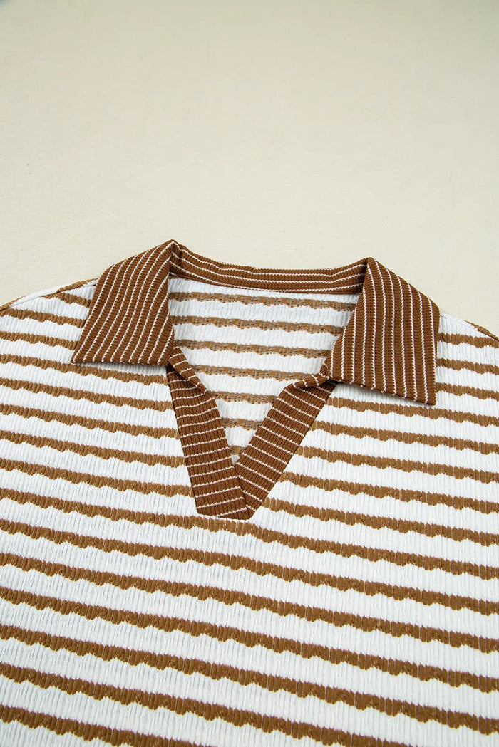 Striped Collared Pullover Top and Drawstring Trousers Co-ord Set - Two Piece Sets/Pant Sets