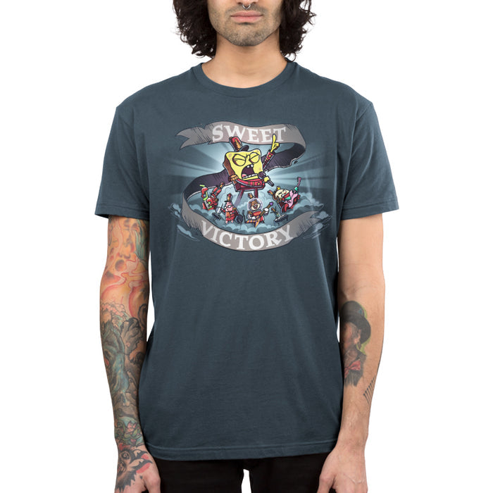 Premium Cotton T-shirt_TeeTurtle denim blue Sweet Victory apparel featuring SpongeBob SquarePants, Mr. Krabs, Patrick Star, Sandy Cheeks, and Mrs. Puff playing an epic song in marching band uniforms.