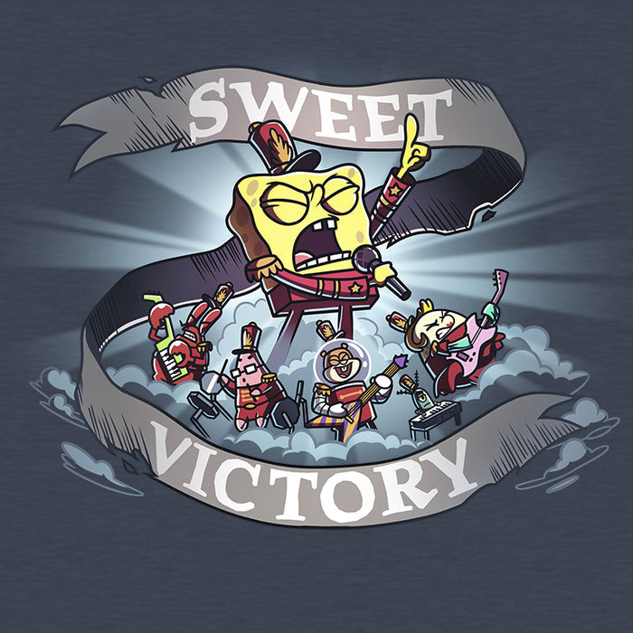 Classic Cotton T-shirt_TeeTurtle heather navy Sweet Victory apparel featuring SpongeBob SquarePants, Mr. Krabs, Patrick Star, Sandy Cheeks, and Mrs. Puff playing an epic song in marching band uniforms.