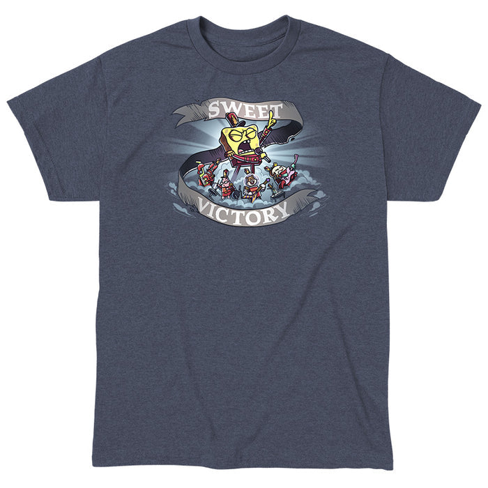 Classic Cotton T-shirt_TeeTurtle heather navy Sweet Victory apparel featuring SpongeBob SquarePants, Mr. Krabs, Patrick Star, Sandy Cheeks, and Mrs. Puff playing an epic song in marching band uniforms.