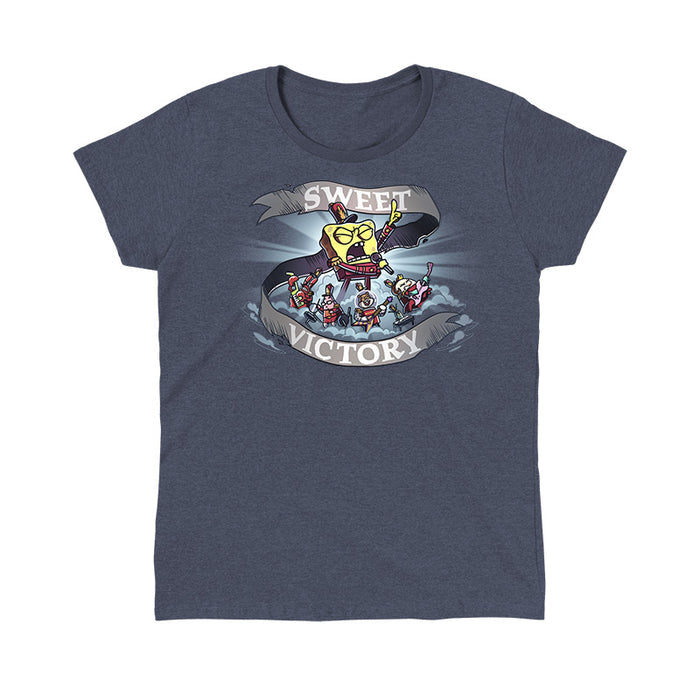 Classic Cotton T-shirt_TeeTurtle heather navy Sweet Victory apparel featuring SpongeBob SquarePants, Mr. Krabs, Patrick Star, Sandy Cheeks, and Mrs. Puff playing an epic song in marching band uniforms.