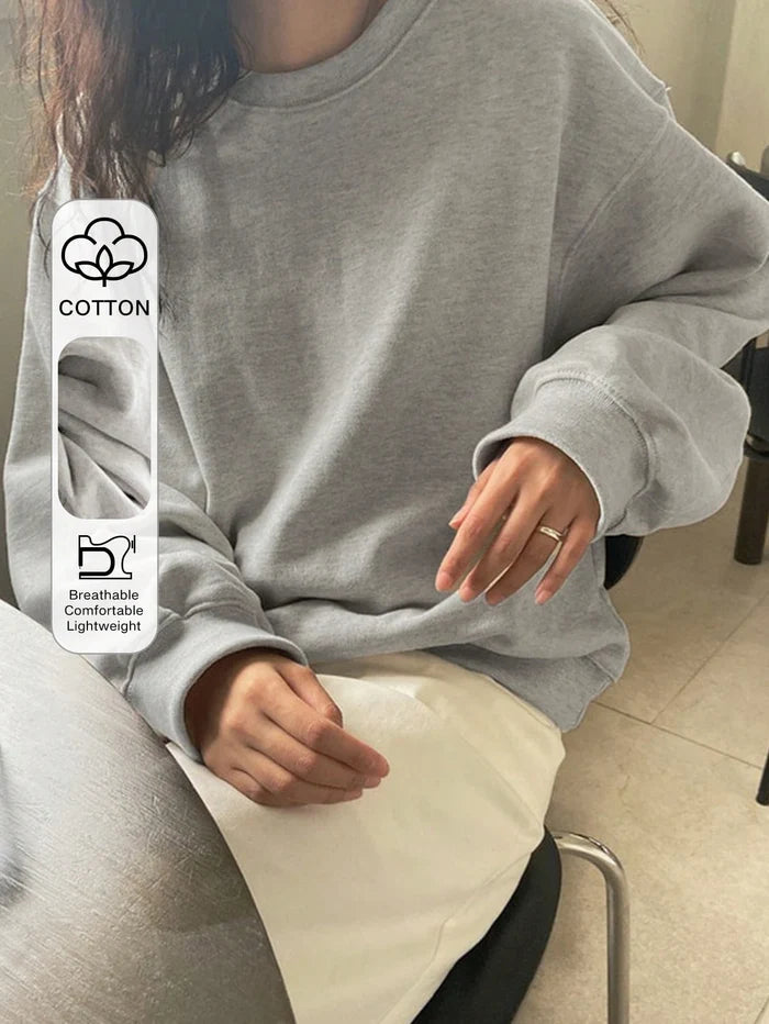 SXV Grey Solid Round Neck Drop Shoulder Plain Oversized Sweatshirt