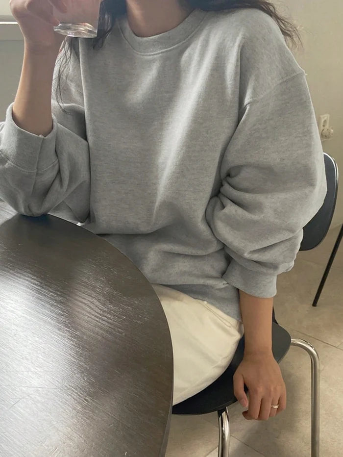SXV Grey Solid Round Neck Drop Shoulder Plain Oversized Sweatshirt