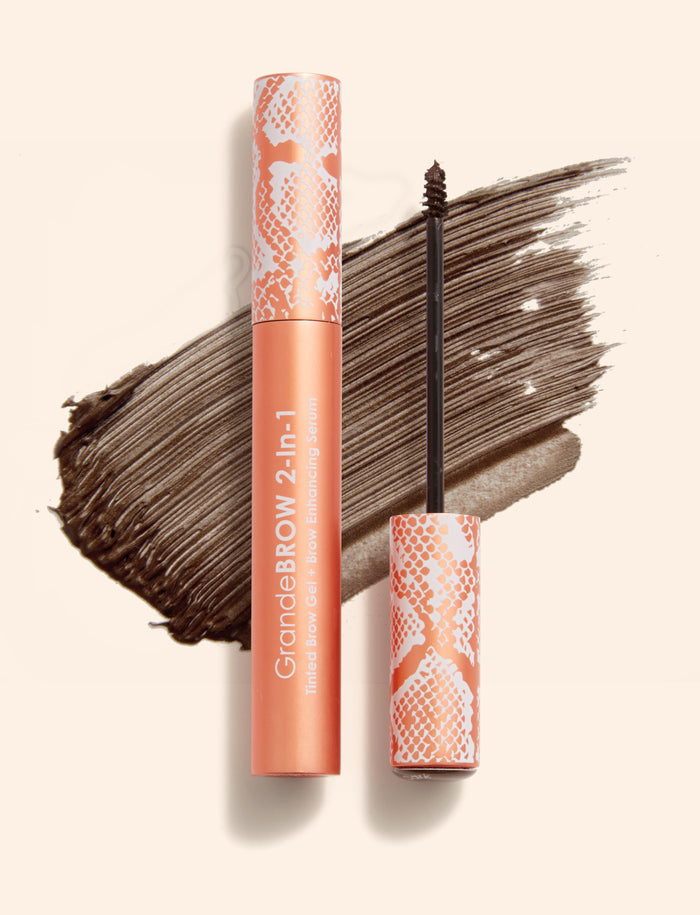 Dark | GrandeBROW 2-in-1 Tinted Brow Gel and Brow Enhancing Serum A breakthrough 2-in-1 tinted brow gel with mini fibers & brow enhancing serum that delivers instant color & volume, plus it promotes tinted, thicker looking brows over time.