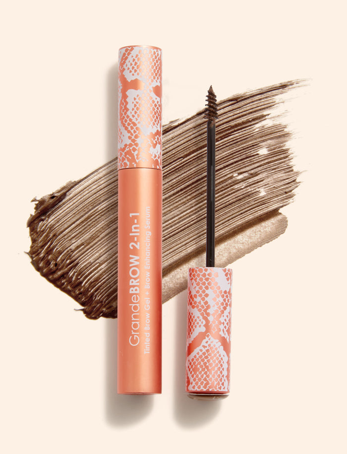 Medium | GrandeBROW 2-in-1 Tinted Brow Gel and Brow Enhancing Serum A breakthrough 2-in-1 tinted brow gel with mini fibers & brow enhancing serum that delivers instant color & volume, plus it promotes tinted, thicker looking brows over time.
