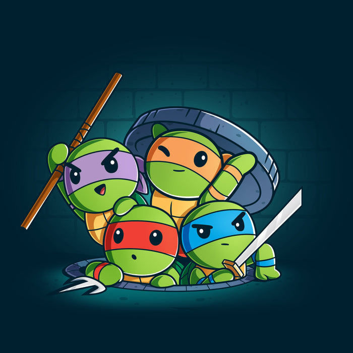 Premium Cotton T-shirt_TeeTurtle navy blue Turtle Time! apparel featuring Raphael, Leonardo, Michelangelo, and Donatello climbing out of a manhole.