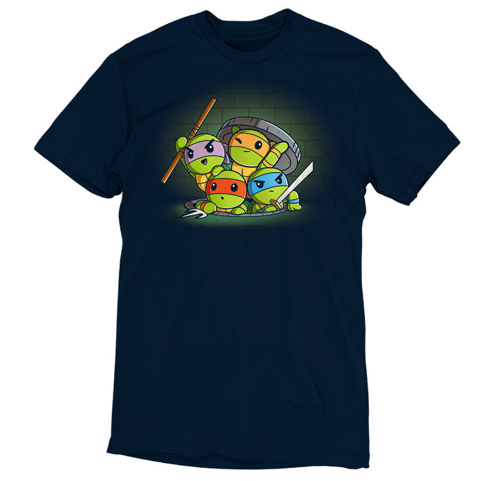 Premium Cotton T-shirt_TeeTurtle navy blue Turtle Time! apparel featuring Raphael, Leonardo, Michelangelo, and Donatello climbing out of a manhole.