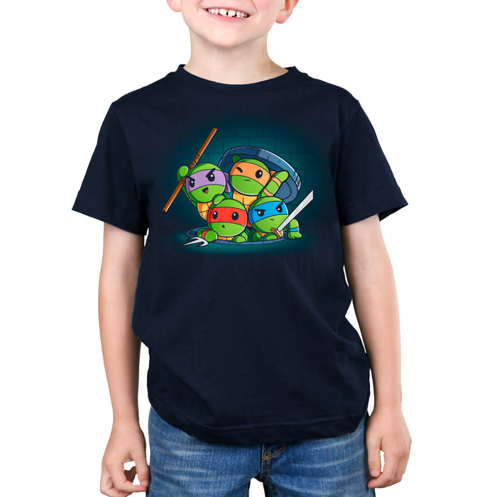 Premium Cotton T-shirt_TeeTurtle navy blue Turtle Time! apparel featuring Raphael, Leonardo, Michelangelo, and Donatello climbing out of a manhole.