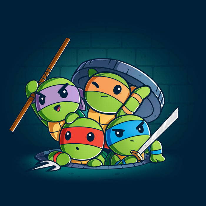 Classic Cotton T-shirt_TeeTurtle navy blue Turtle Time! apparel featuring Raphael, Leonardo, Michelangelo, and Donatello climbing out of a manhole.