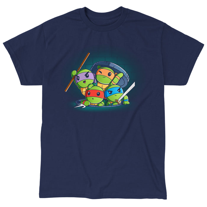 Classic Cotton T-shirt_TeeTurtle navy blue Turtle Time! apparel featuring Raphael, Leonardo, Michelangelo, and Donatello climbing out of a manhole.