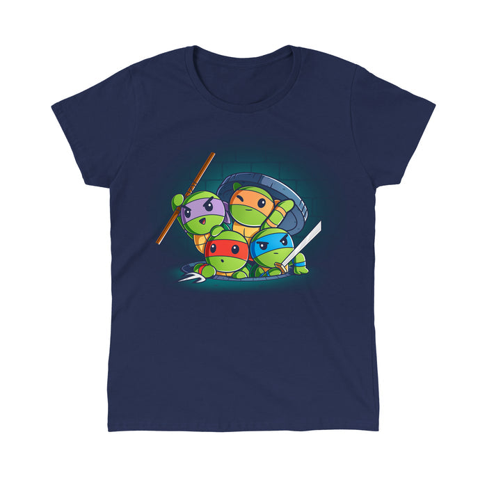 Classic Cotton T-shirt_TeeTurtle navy blue Turtle Time! apparel featuring Raphael, Leonardo, Michelangelo, and Donatello climbing out of a manhole.